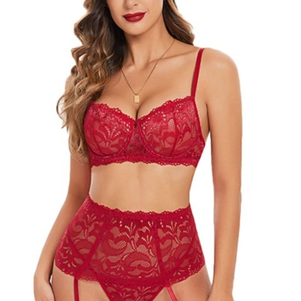 Women's Red Lace Floral Bra High Waist Garter Belt G String Panty Lingerie Set